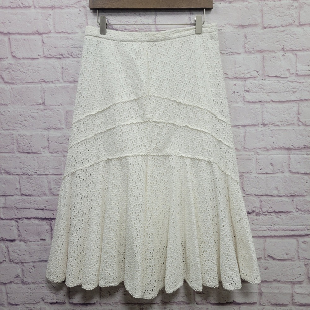 Coldwater Creek White Eyelet Lace Midi Skirt PM Cottage Romantic Coquette Fairy